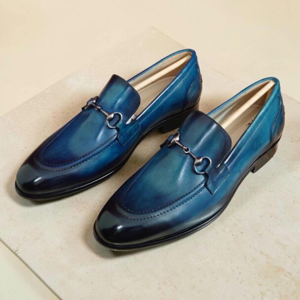 09 KC 9002 blue leather horsebit loafers made from genuine Argentina crust leather