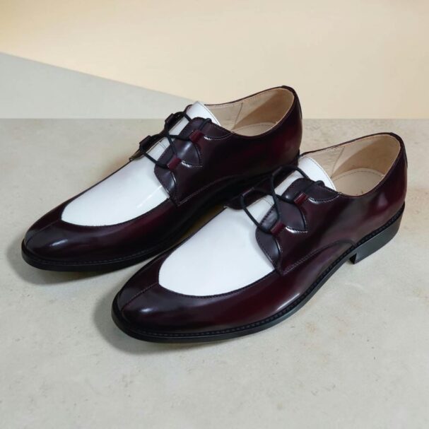 Burgundy and Half White brush-off leather apron Derby shoes