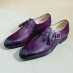 Purple tassel monk strap leather shoes with leather sole