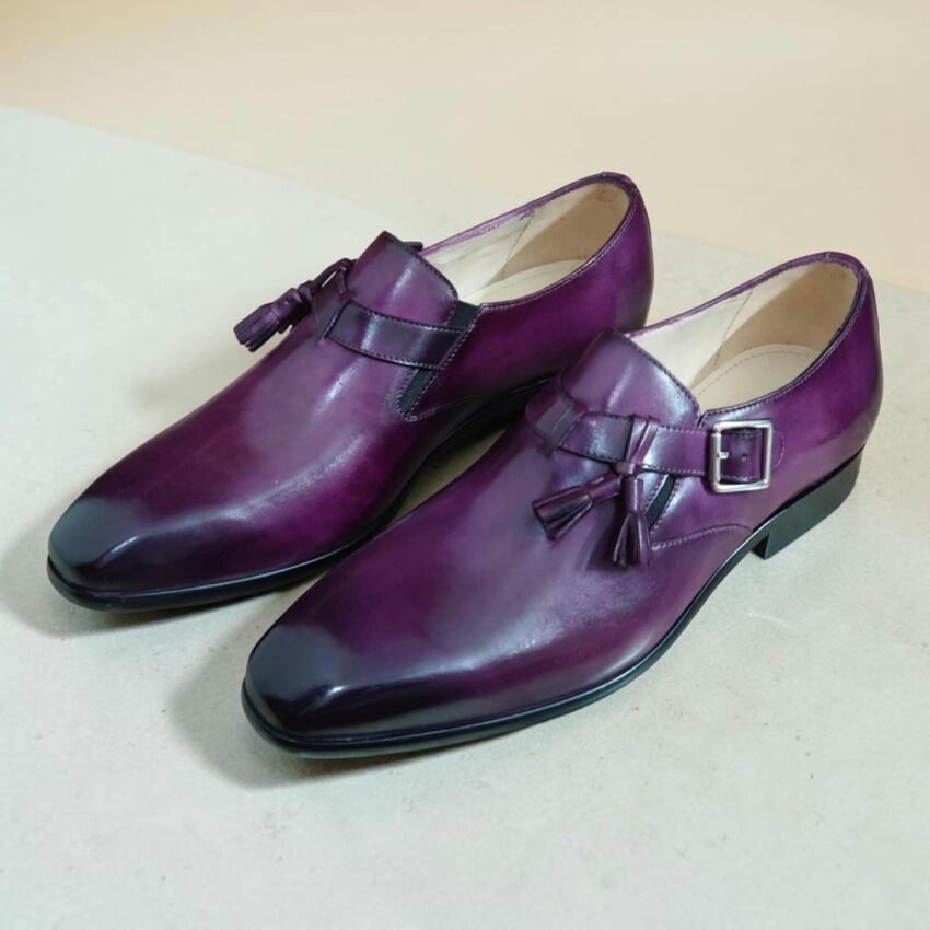 Purple tassel monk strap leather shoes with leather sole