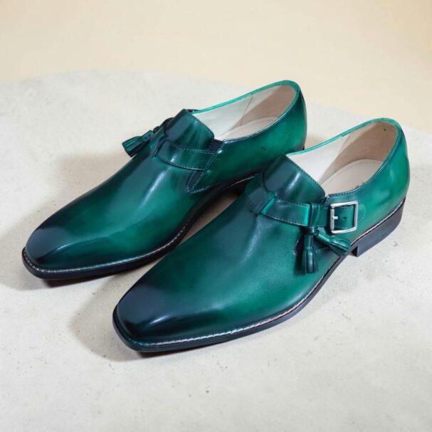 Green Two-Tone tassel monk strap leather shoes