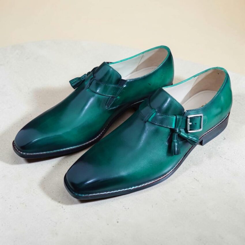 Green Two-Tone tassel monk strap leather shoes